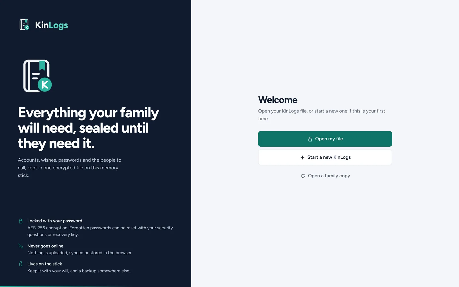 The KinLogs welcome screen: open my file or start a new KinLogs
