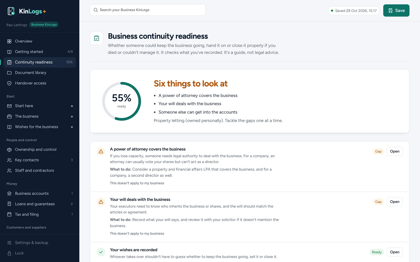 Continuity readiness for a landlord at 55%, with gaps highlighted