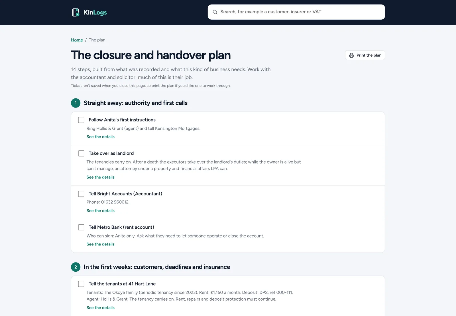 Closure and handover plan for a landlord: take over as landlord, tell the accountant and the bank