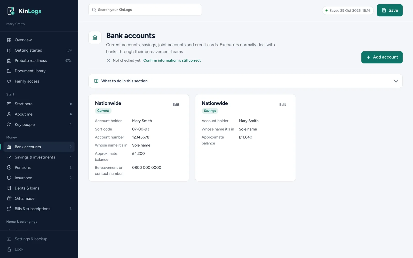 Bank accounts section with guidance and two Nationwide accounts