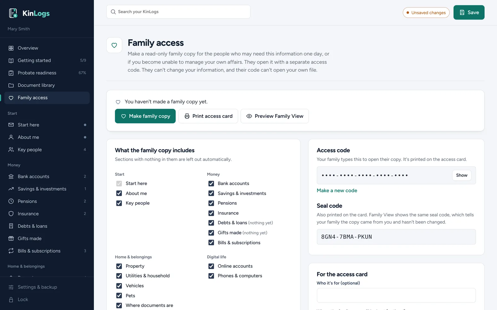 Family access page: choose sections, access code and seal code