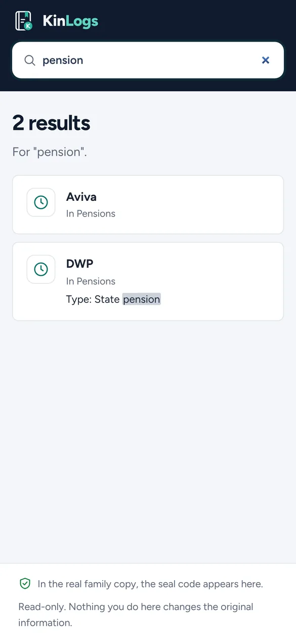 Searching Family View for pension on a phone