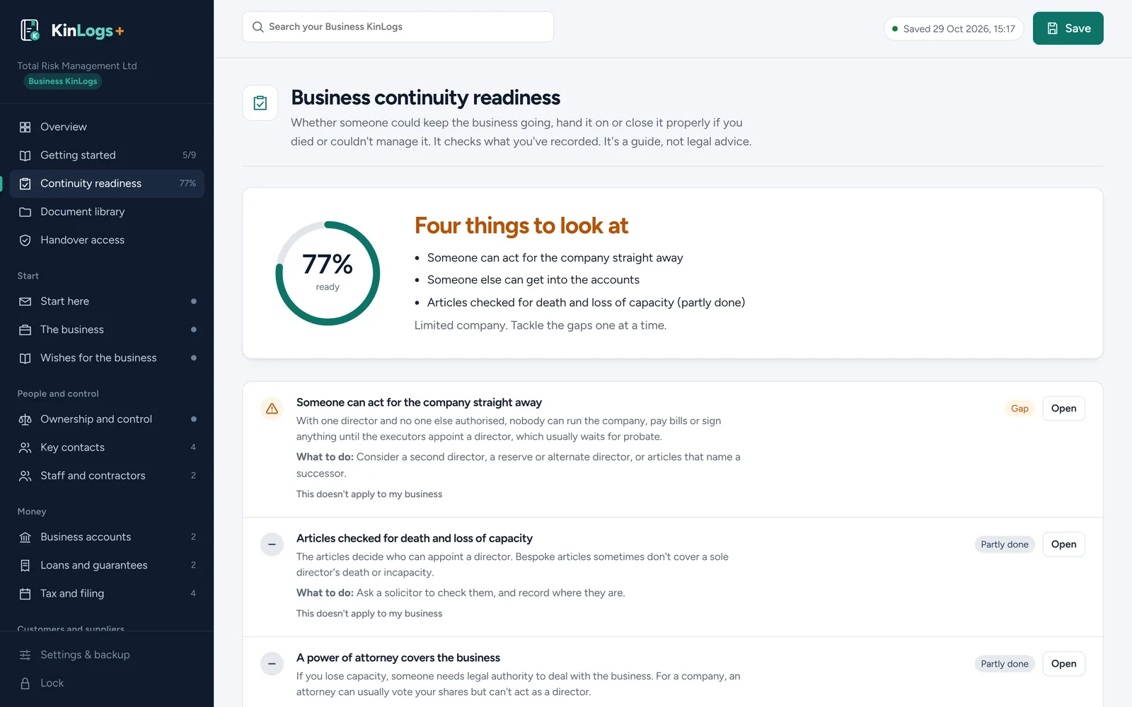 Business continuity readiness at 77%, with four things to look at
