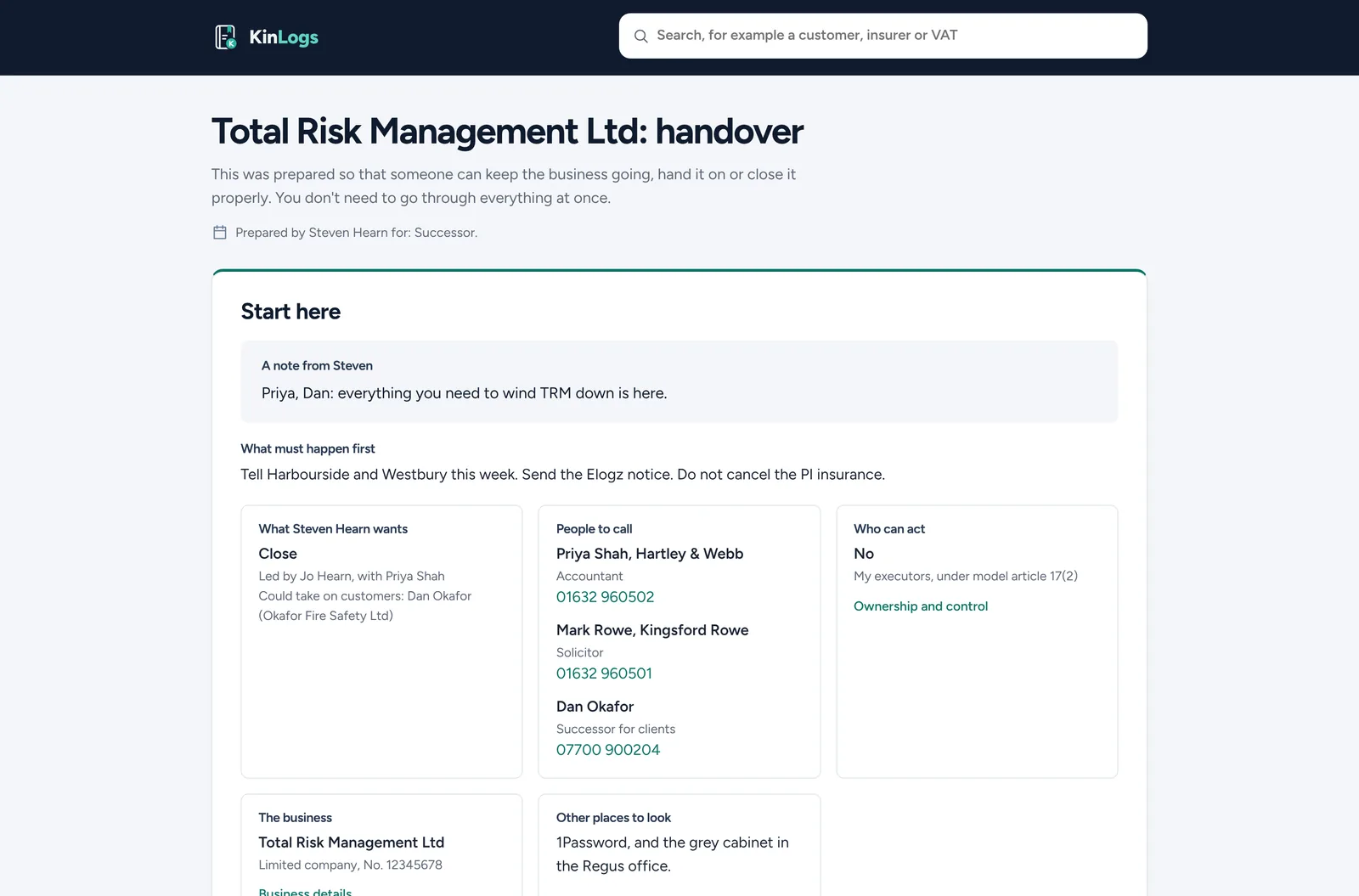 The handover copy home page for a successor