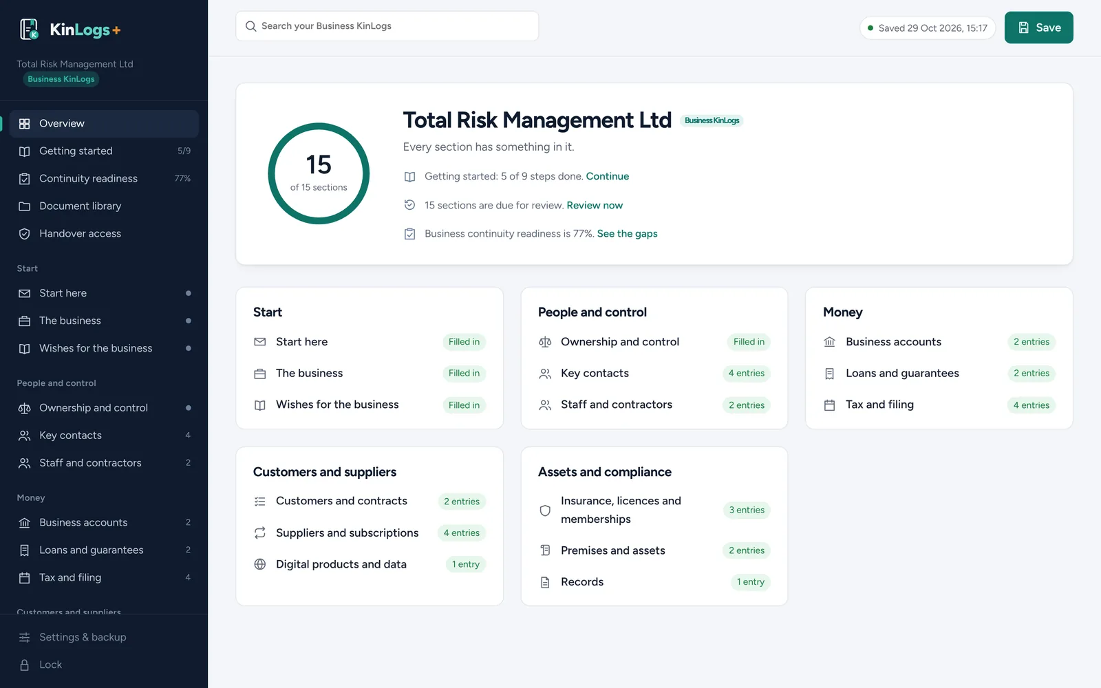 A Business KinLogs for Total Risk Management Ltd, 15 of 15 sections started