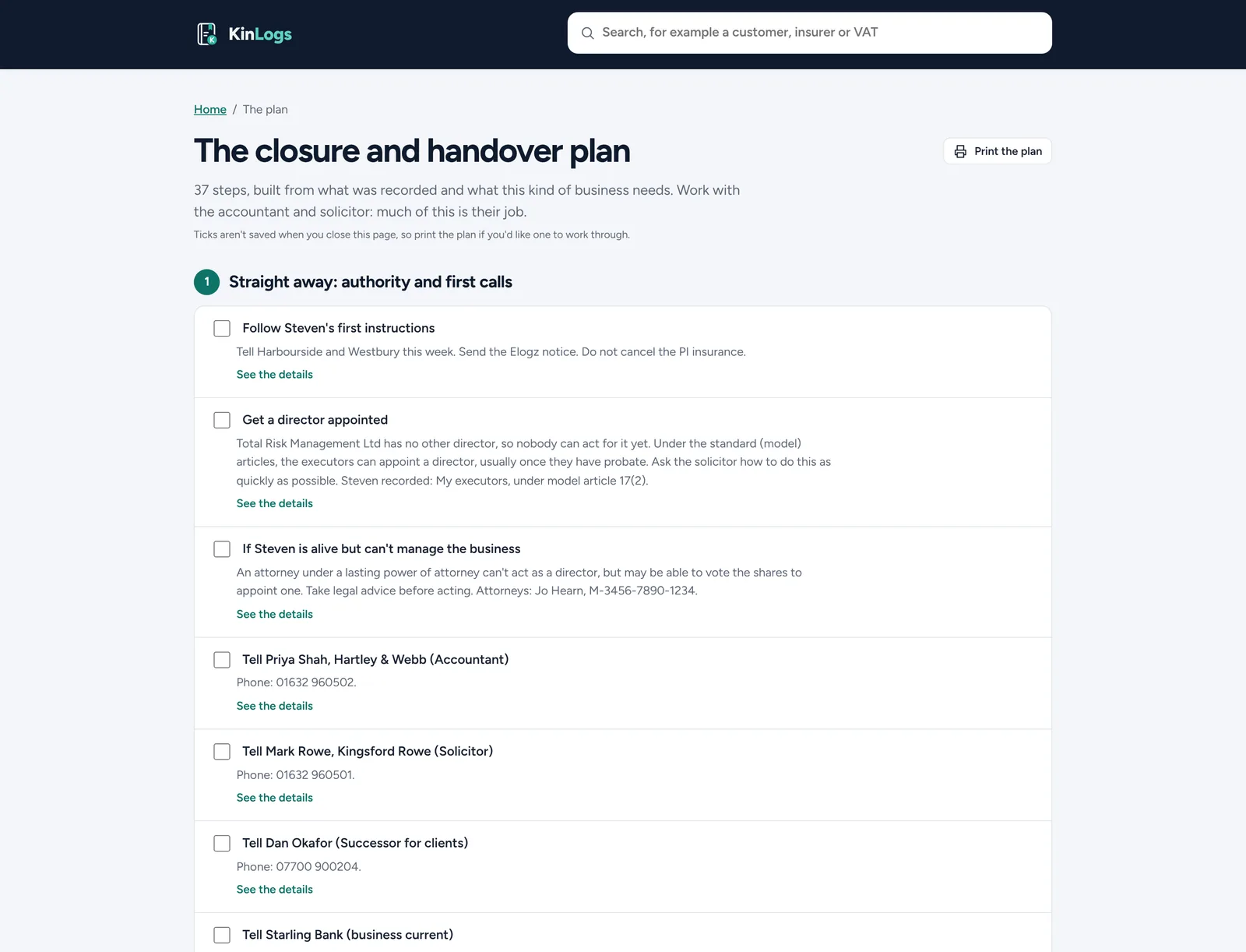 The closure and handover plan for Steven's company
