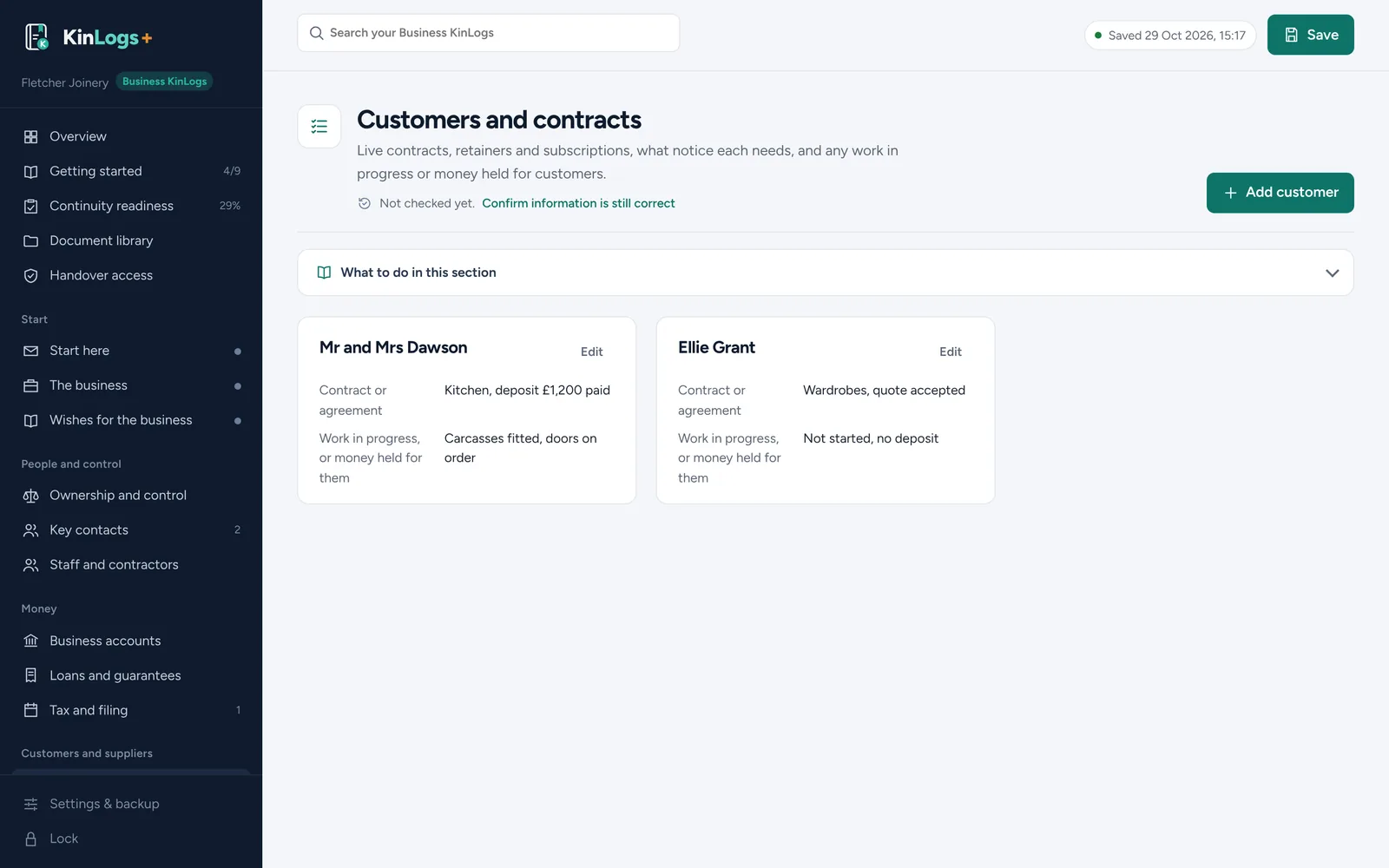 Customers and contracts for a joinery business, with deposits and work in progress