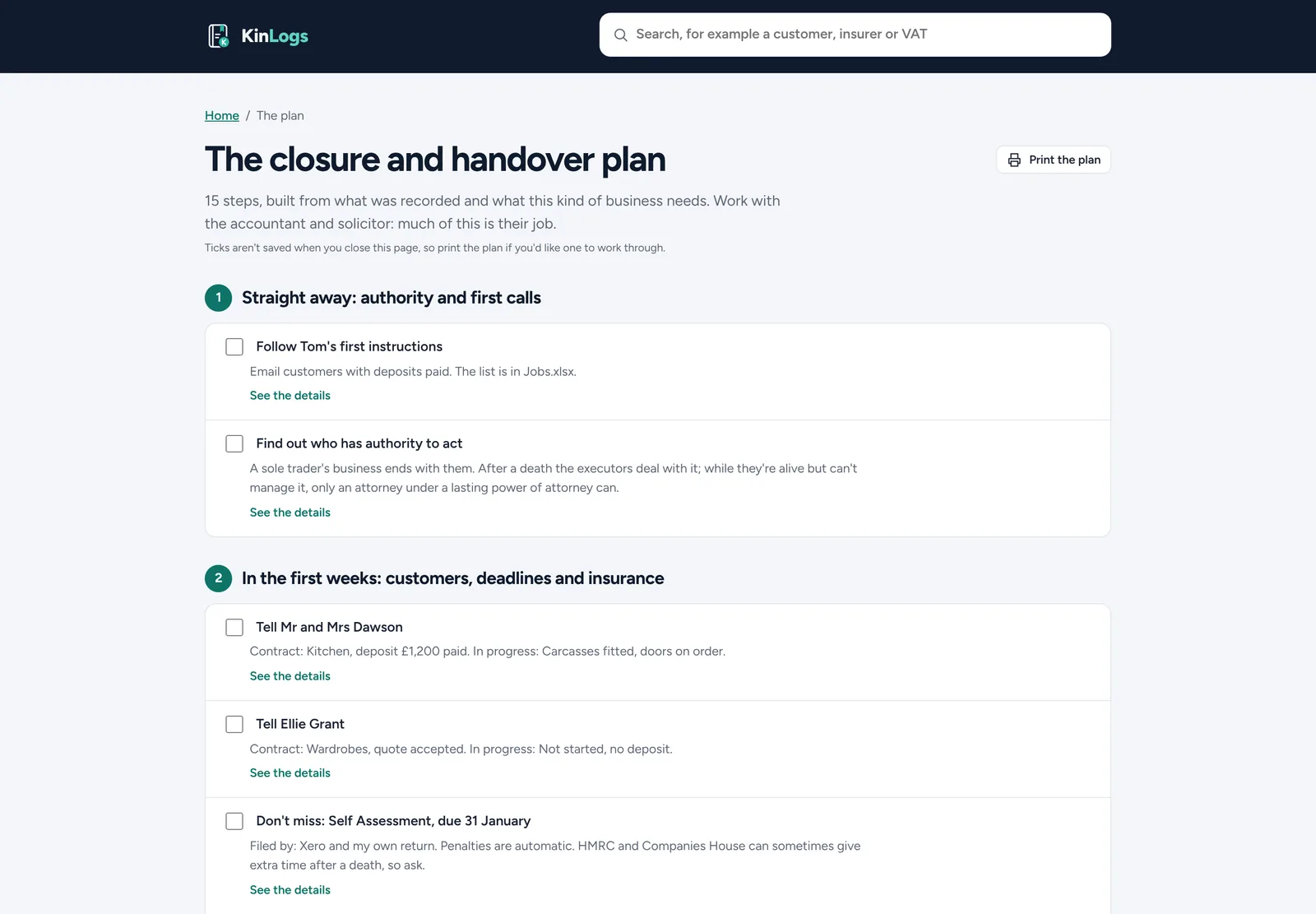 Closure plan for a sole trader, starting with first instructions and who has authority