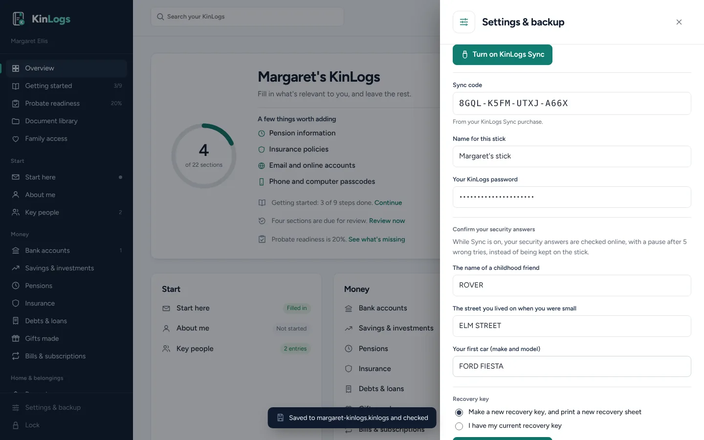 Turning on KinLogs Sync with a Sync code in Settings